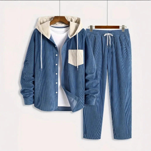 Men's Waffle Hooded Hoodie Trendy Two-piece Suit back view