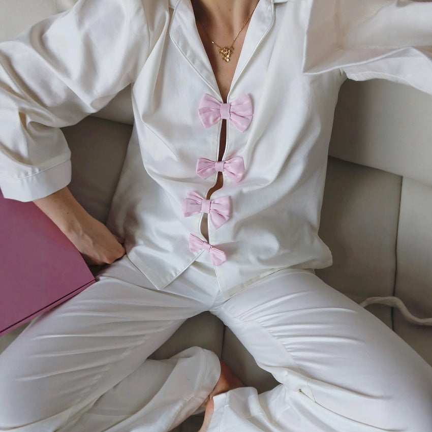 Bow Polo Collar Solid Color Long-sleeved Trousers Two-piece Pajamas Homewear