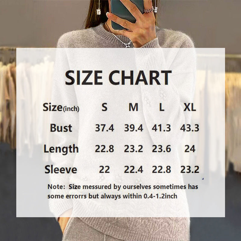 Women's Solid Color 3D Floral Embroidered Sweater, Loose Round Neck Long Sleeve Pullover For Autumn & Winter