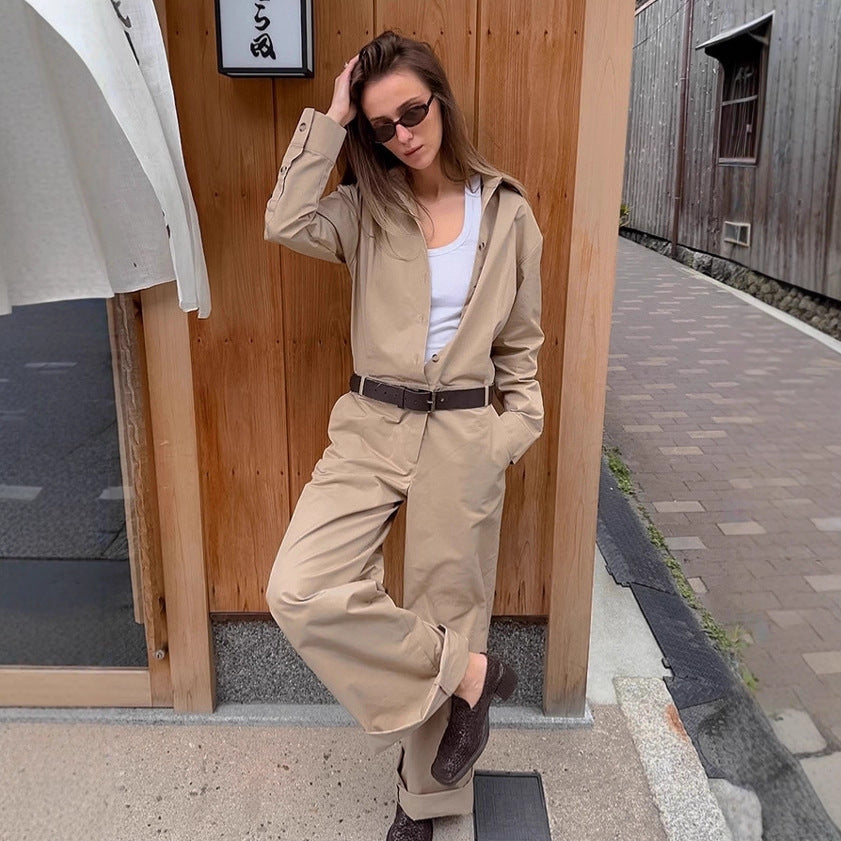 Autumn French Fashion Khaki Cargo Overalls
