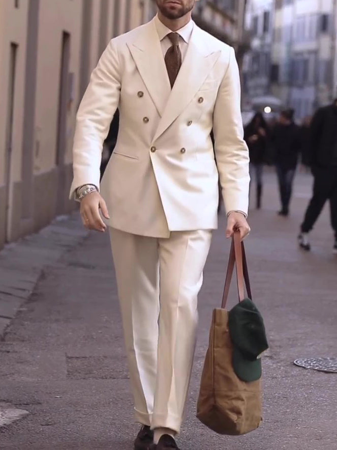 Cream Double-Breasted Men's Suit back view