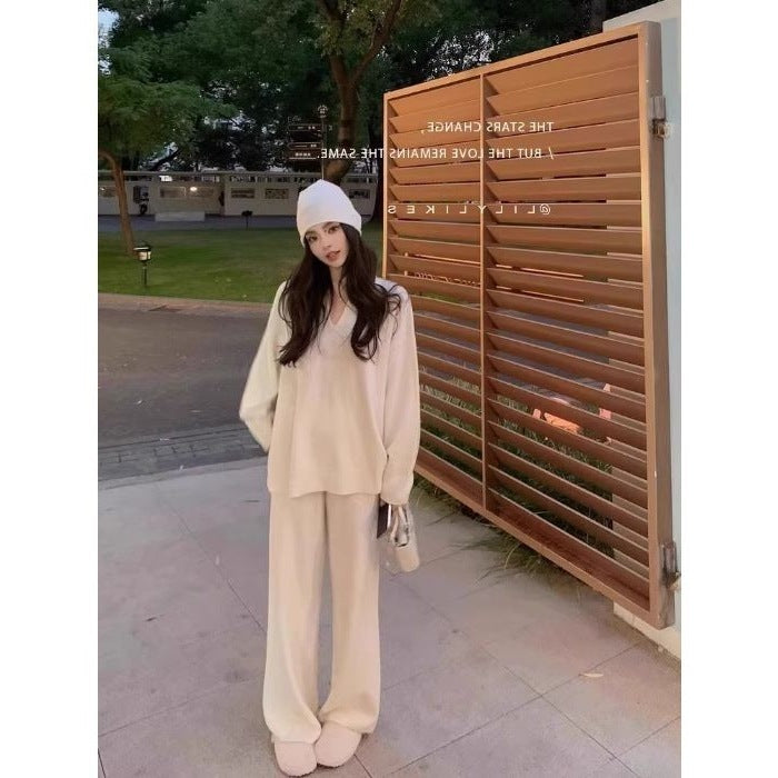 Autumn And Winter Wool Suit Women's V-neck Knitted Wide-leg Pants Cashmere Sweater