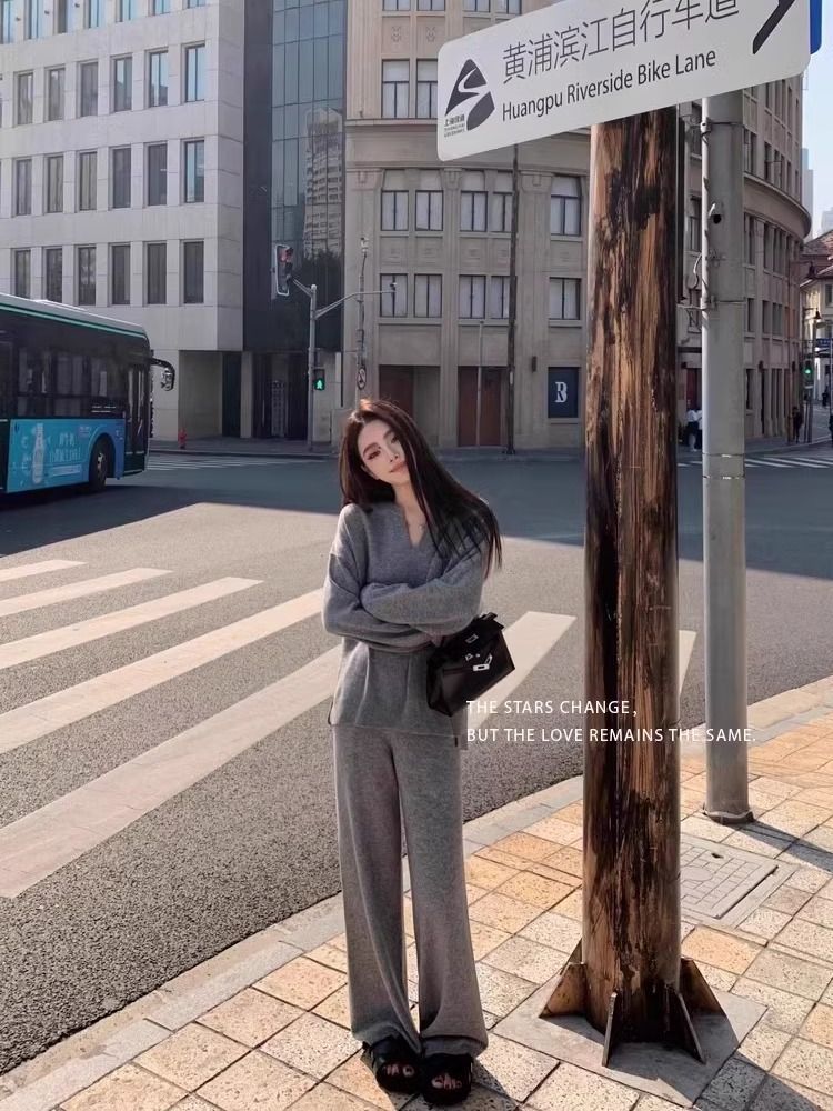 Autumn And Winter Wool Suit Women's V-neck Knitted Wide-leg Pants Cashmere Sweater