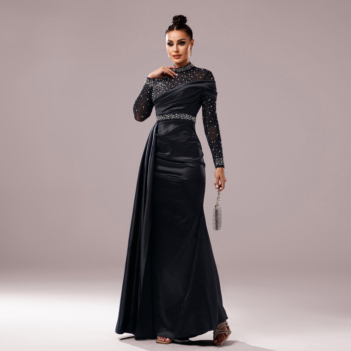 Long Sleeve Slim-fit Sheath Pearl Banquet Fishtail Evening Dress