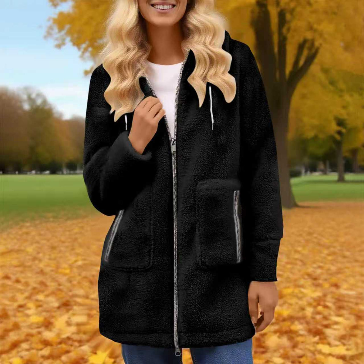 Fashion Autumn And Winter Zipper Pocket Lamb Wool Coat