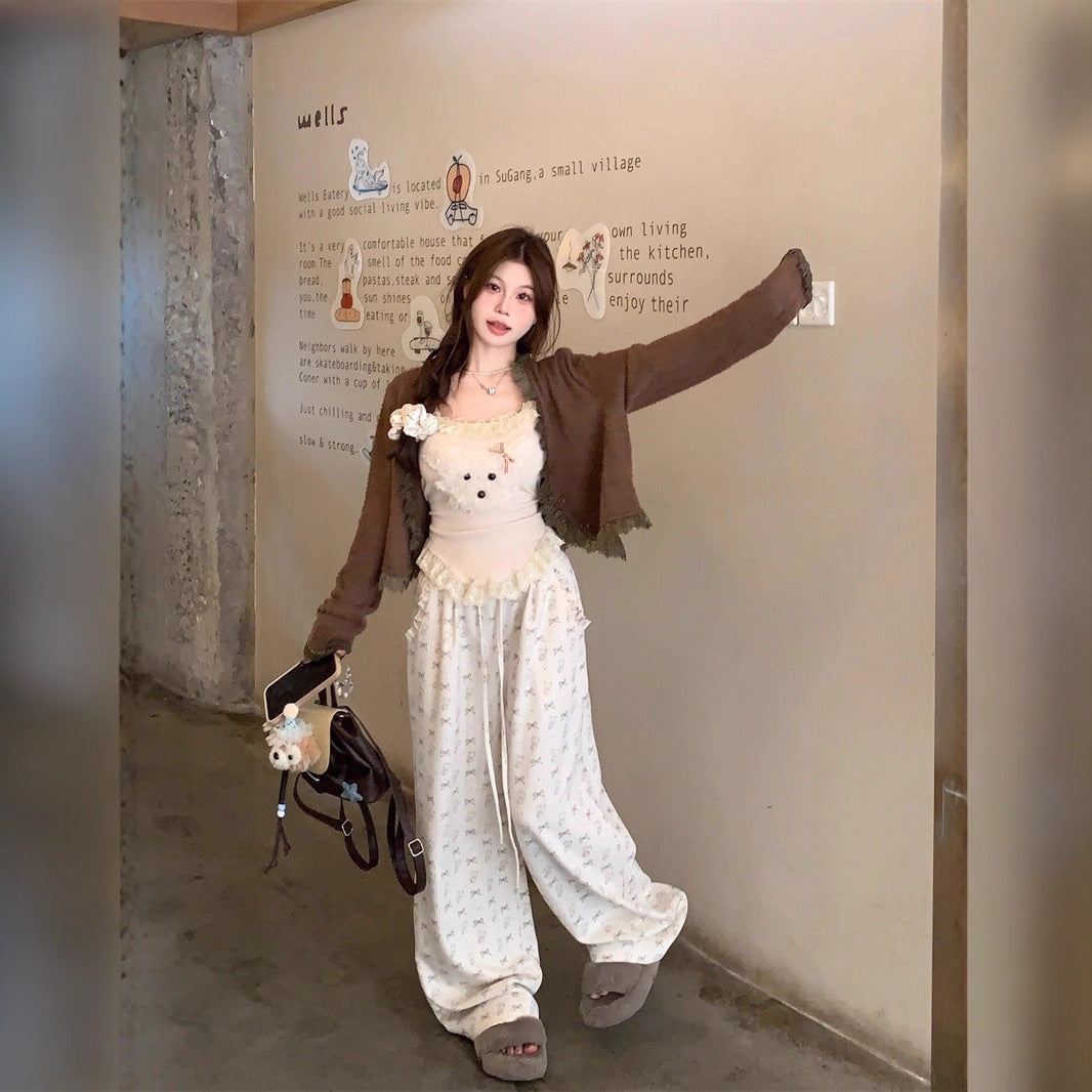 Bear Suspenders Coffee Color Cardigan Bow Pants Suit