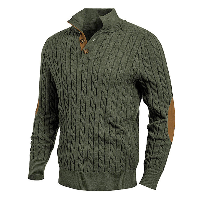 Slim-fit Buttoned Turtleneck Suede Stitching Sweater
