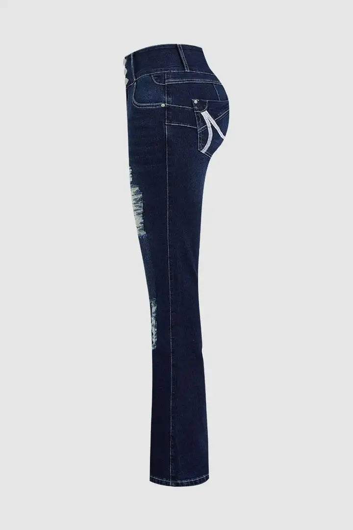 Women's Ripped Wide Leg Jeans, High Waisted Flare Fit With Distressed Details And Button Fly, Casual Stretch Denim Pants