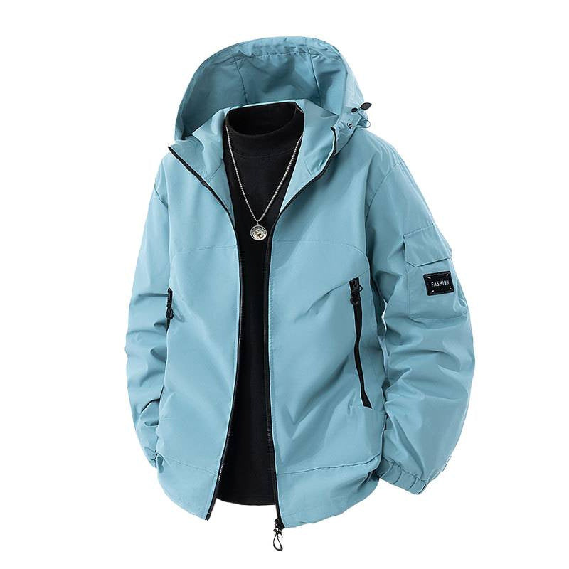 Brand Loose Cargo Windproof Jacket in light blue color with hood and pockets for style and durability.