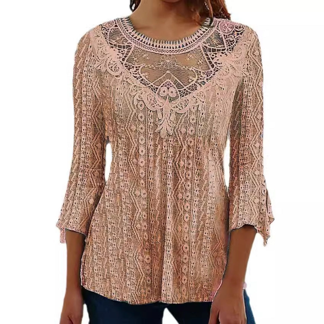 2023 Summer New Comfortable Leisure Hollow Out Perspective Lace Splicing Seven Quarter Sleeve Top