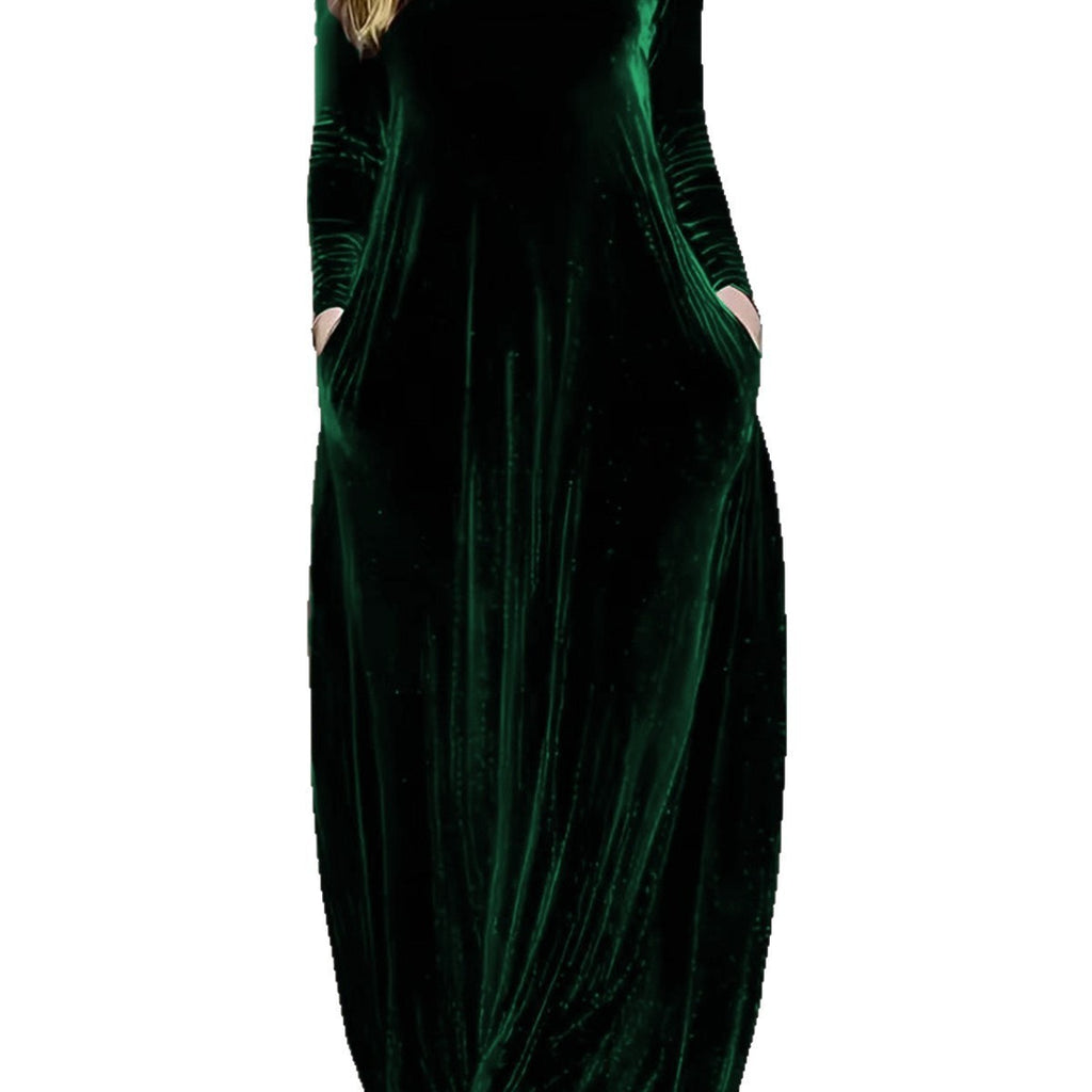 Autumn And Winter Gold Velvet Long Dress Round Neck
