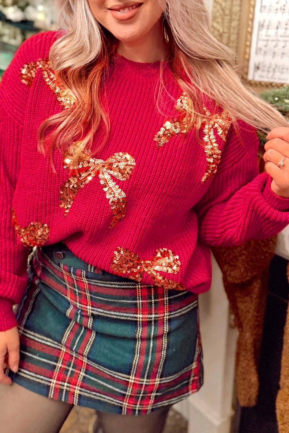 Women's Christmas Decorative Sequins Round Neck Sweater