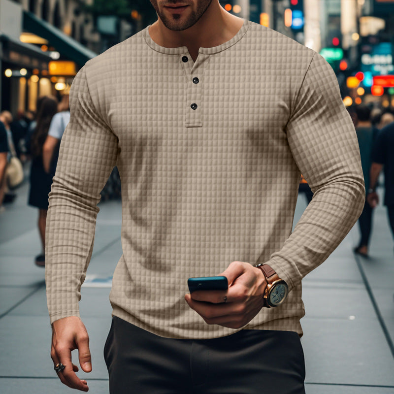 Men’s Jacquard Small Check Casual Sport Long Sleeve Shirt