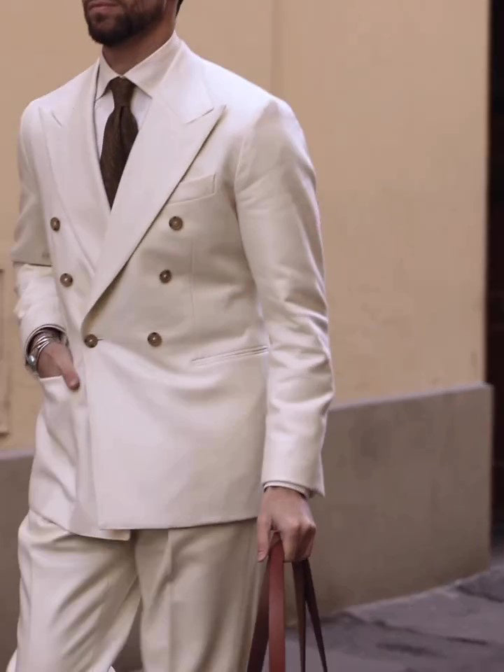 Cream Double-Breasted Men's Suit back view