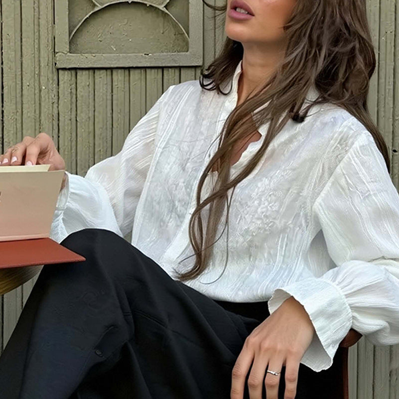 Bell Sleeve Lapel Long Sleeve High-grade White All-matching Shirt Coat