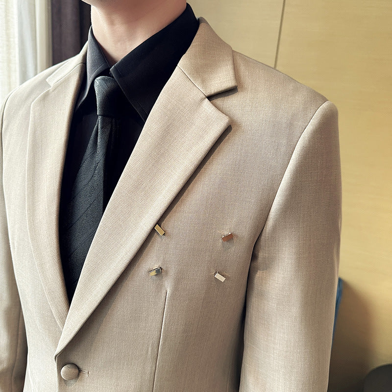 Slim-fit Thin One Button Casual Suit Jacket Men's displayed on a model with a black shirt and tie.