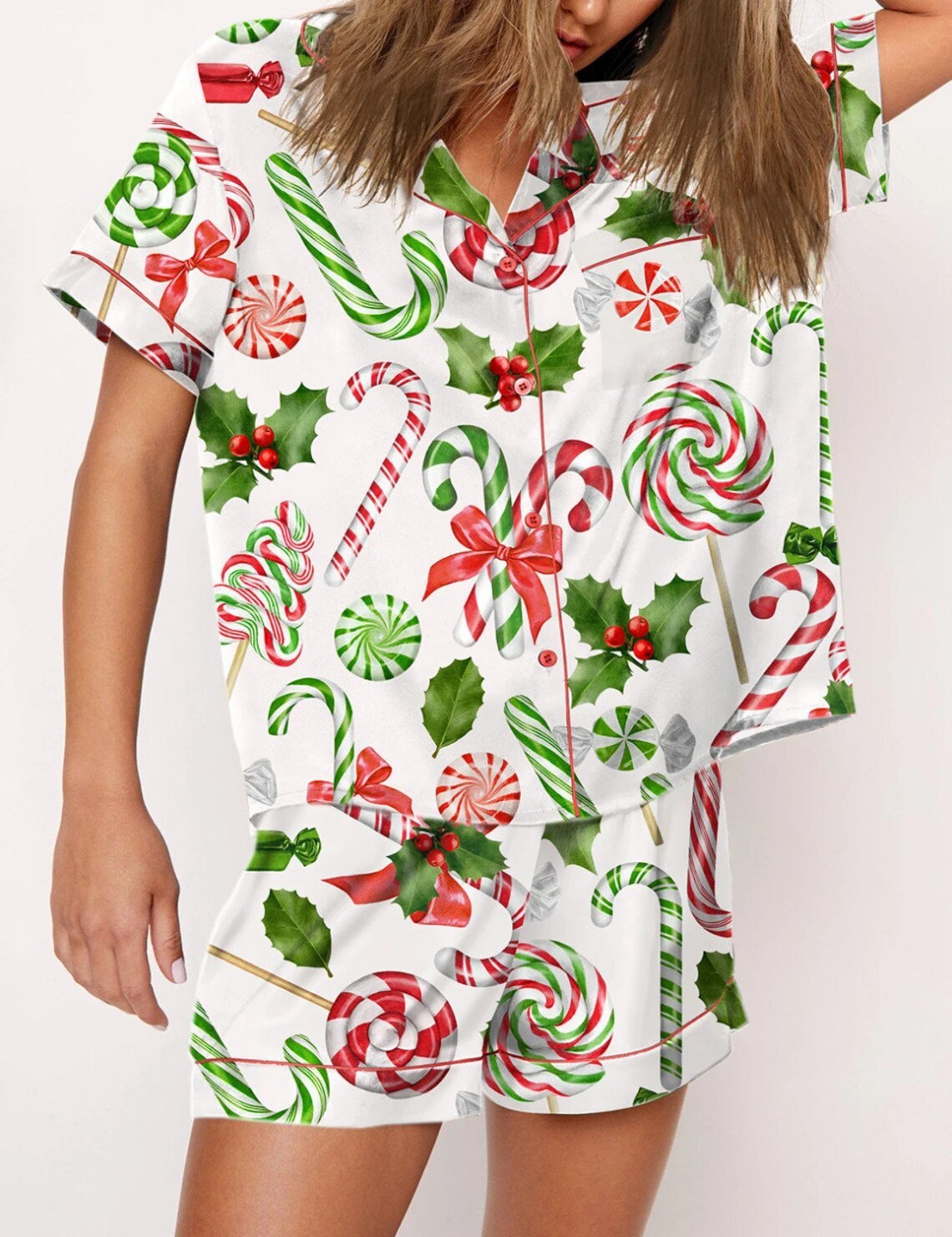 Autumn Christmas Digital Printing Lapel Short Casual Women Top Front View