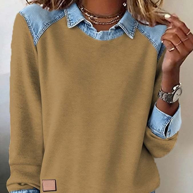 Denim Collar Long Sleeve Pullover Patchwork Knitwear Top