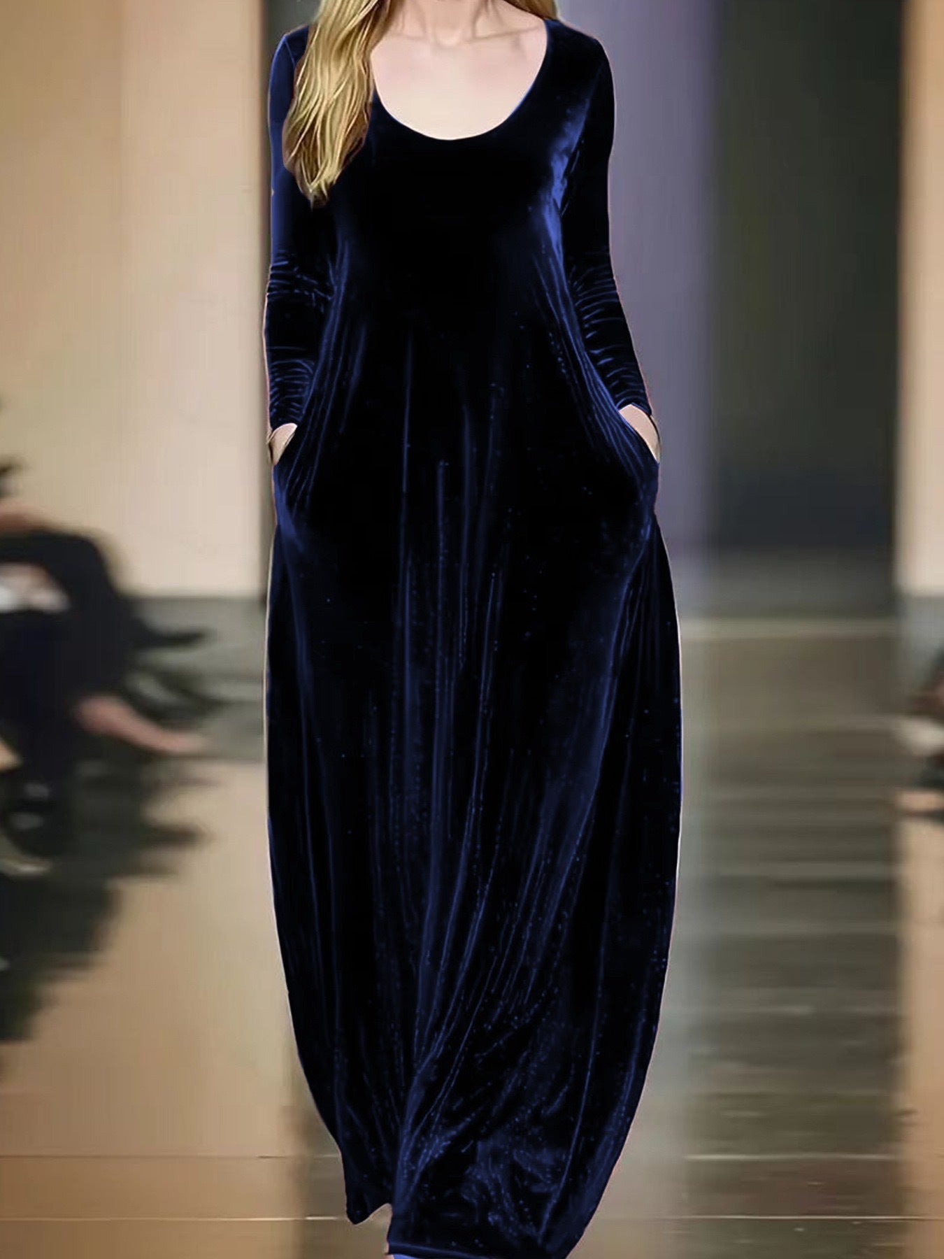 Autumn And Winter Gold Velvet Long Dress Round Neck