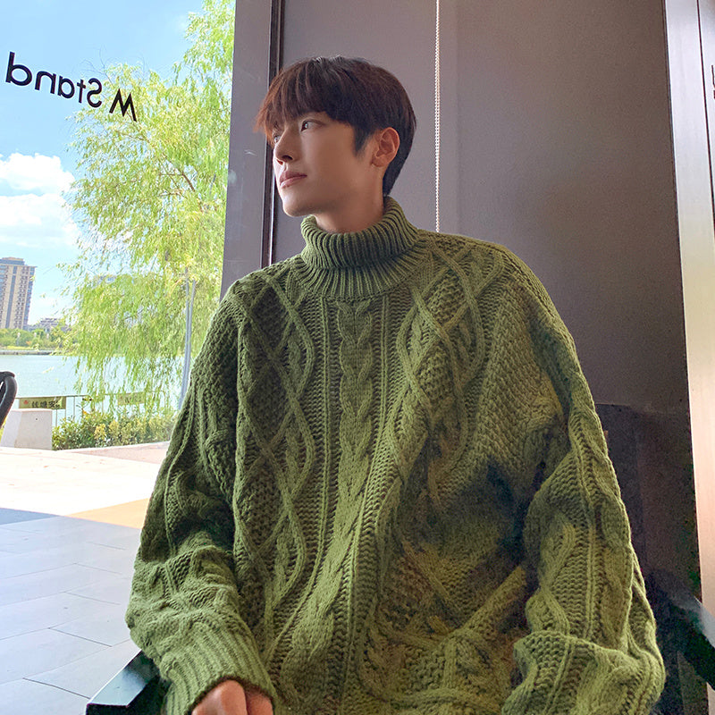 Japanese-style Retro Green Jacquard Turtleneck Sweater