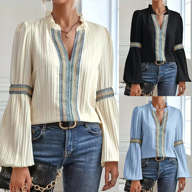 Boho Chic Colorblock Top, Women's Patchwork Blouse With V Neck And Lantern Sleeves