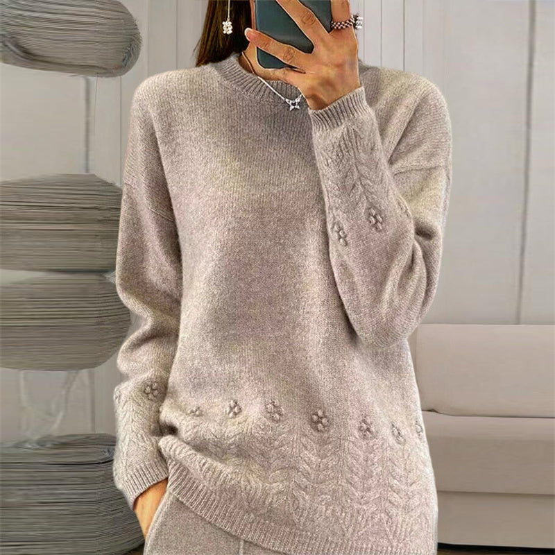 Women's Solid Color 3D Floral Embroidered Sweater, Loose Round Neck Long Sleeve Pullover For Autumn & Winter
