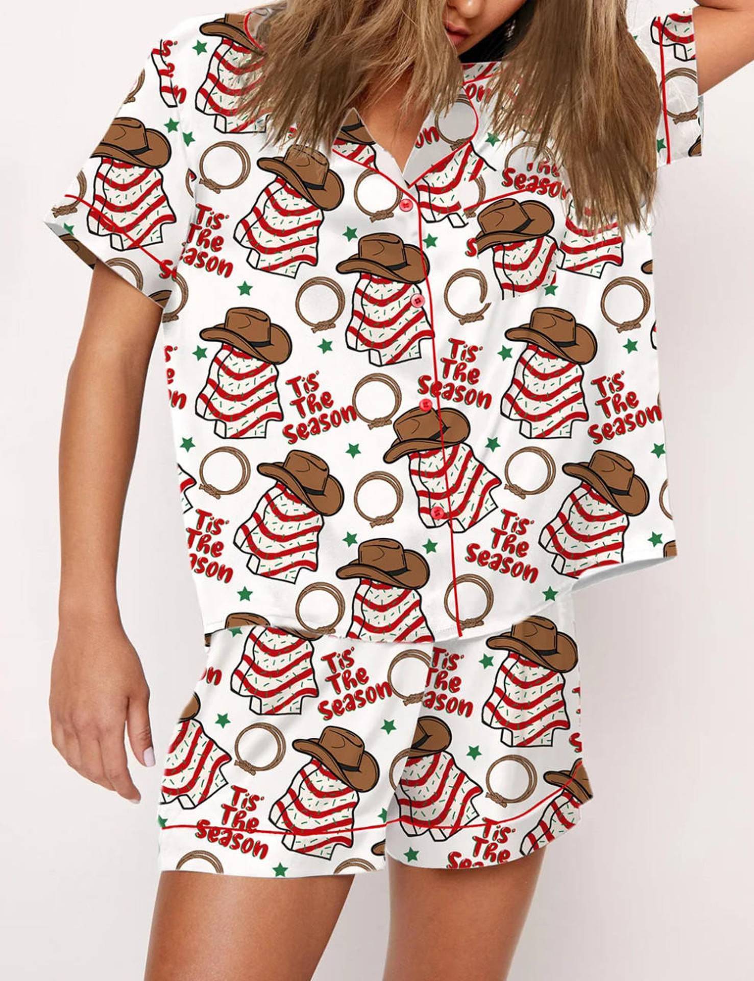 Autumn Christmas Digital Printing Lapel Short Casual Women Top Front View