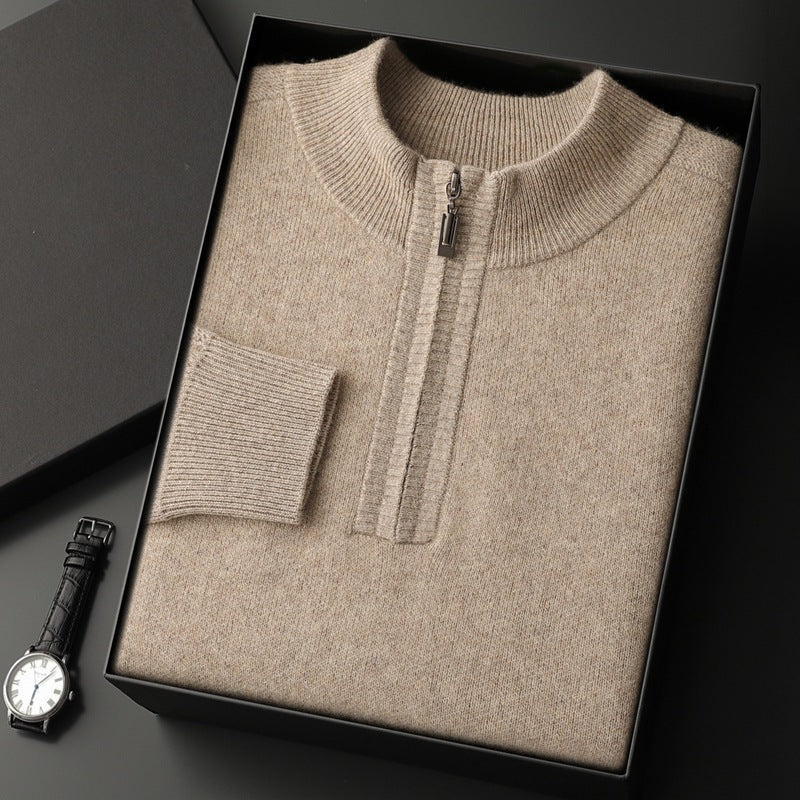 Men's Half-high Collar Loose Half Zipper Solid Color Pullover Sweater