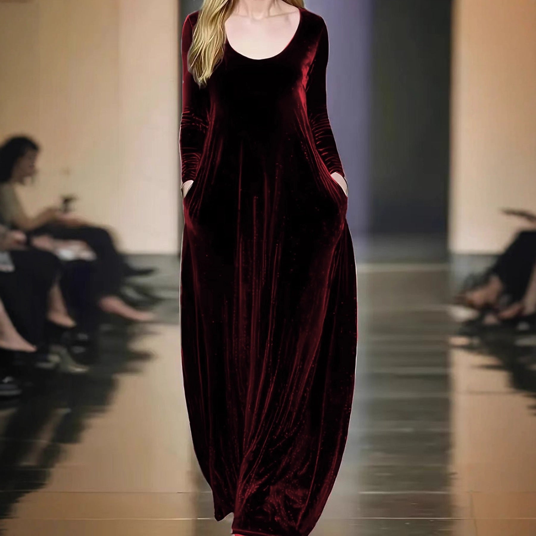 Autumn And Winter Gold Velvet Long Dress Round Neck
