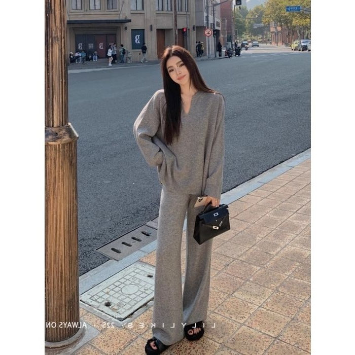 Autumn And Winter Wool Suit Women's V-neck Knitted Wide-leg Pants Cashmere Sweater