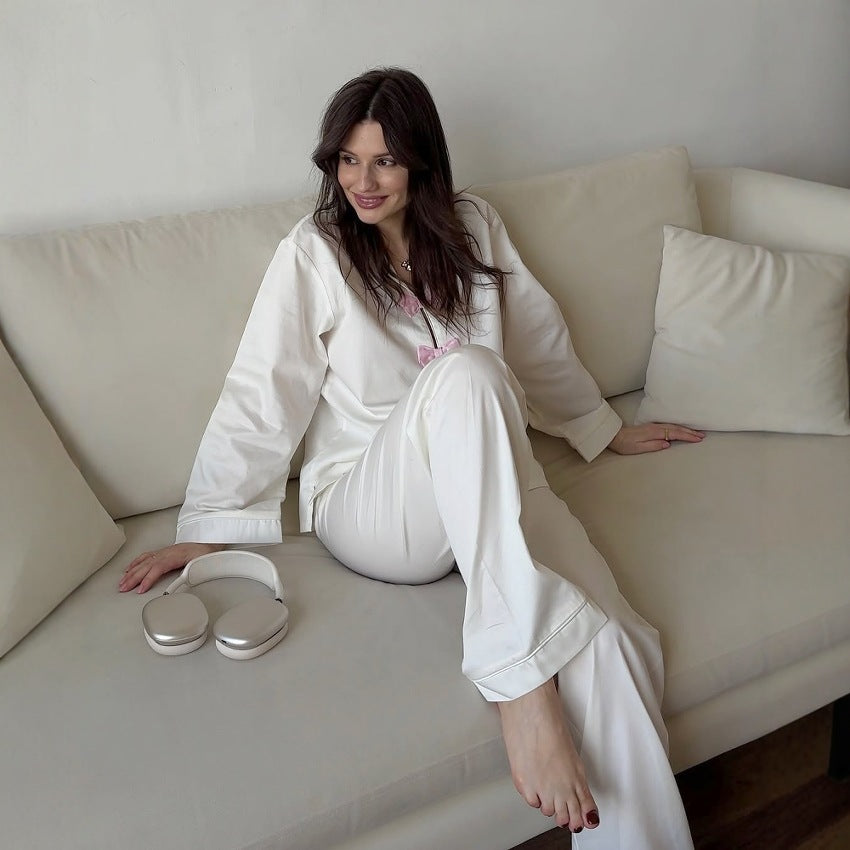 Bow Polo Collar Solid Color Long-sleeved Trousers Two-piece Pajamas Homewear