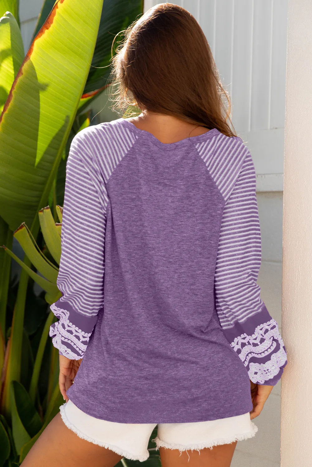 Tillandsia Purple Contrast Print Striped Raglan Long Sleeve Loose Top