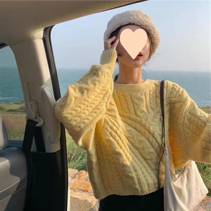Autumn And Winter Lazy Style Loose Solid Color Twist Round Neck Sweater