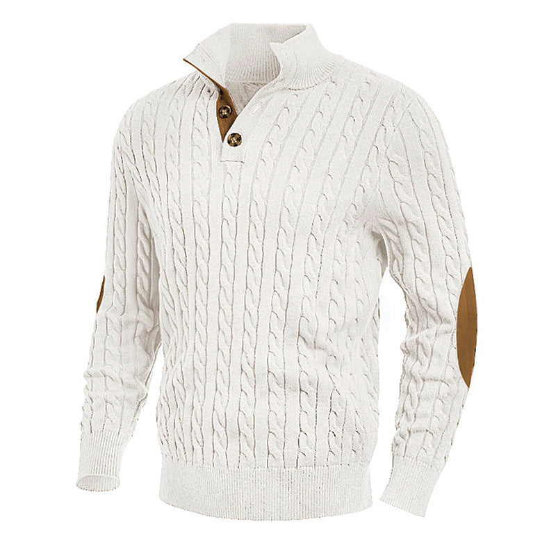 Slim-fit Buttoned Turtleneck Suede Stitching Sweater