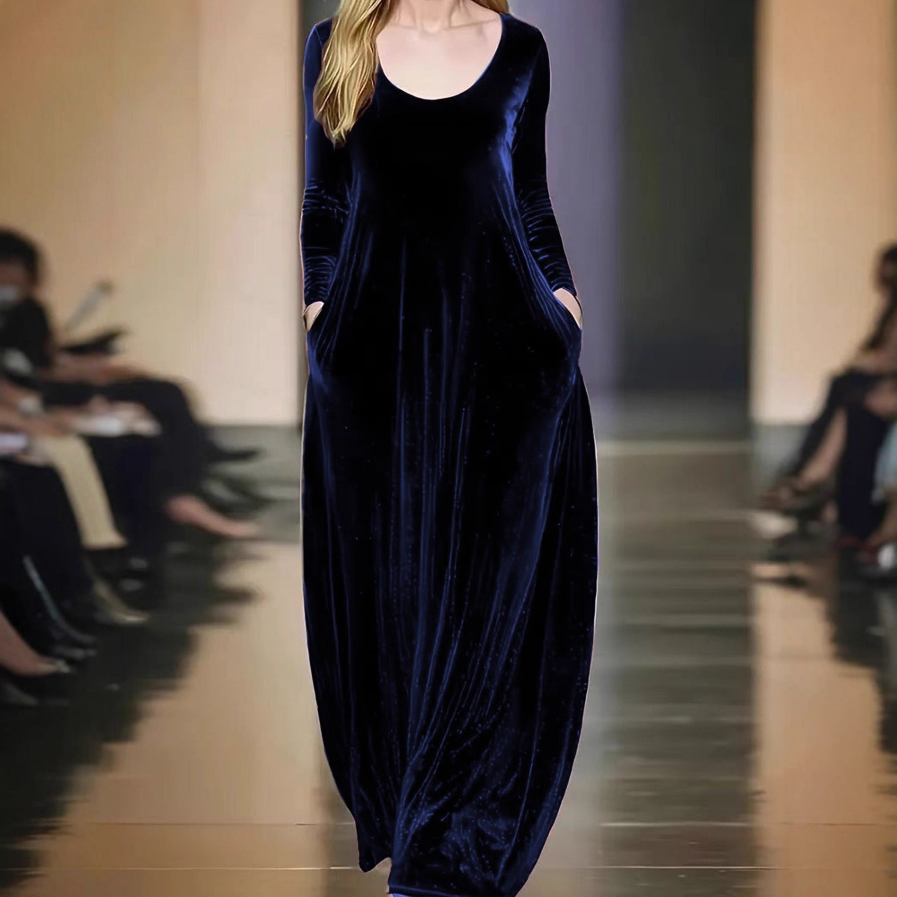 Autumn And Winter Gold Velvet Long Dress Round Neck