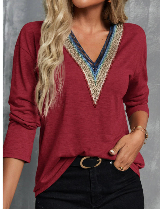 Autumn And Winter Lace Spliced V-neck Loose Long Sleeve
