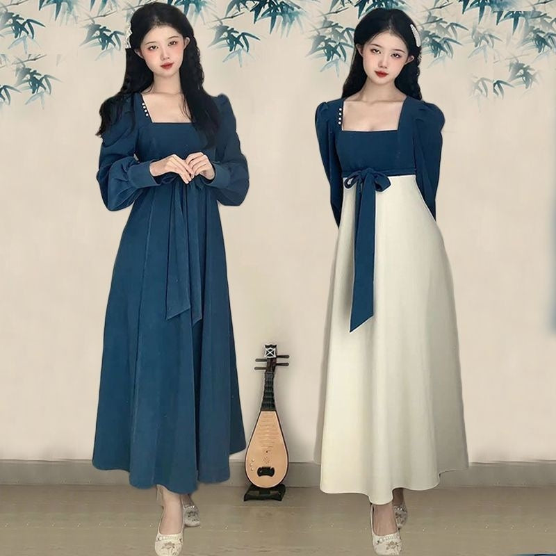 National Style New Chinese Style Spring And Autumn French Retro Elegant Slim Square Collar High Waist Skirt
