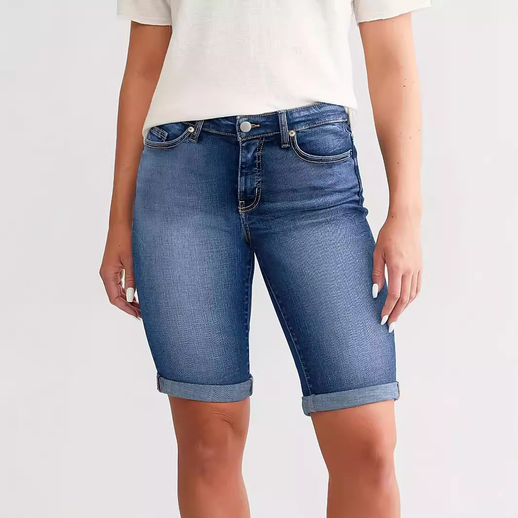 New Women's Slim Fit All-match Foot Button Denim Shorts