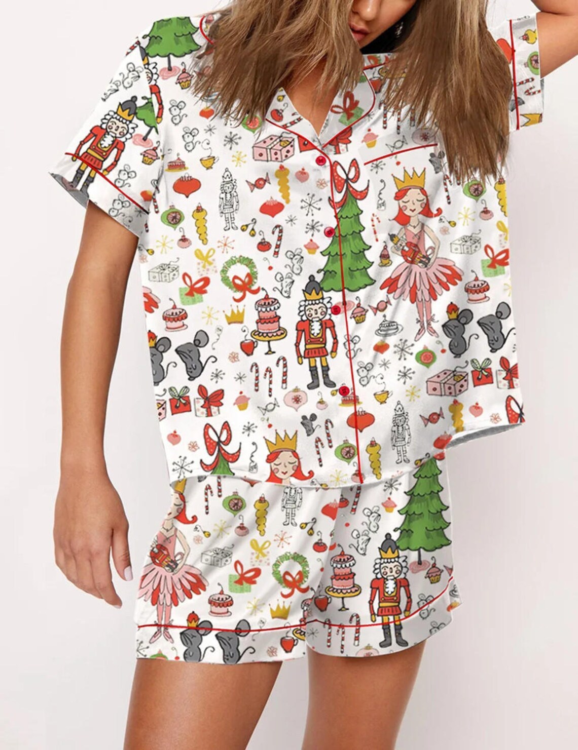 Autumn Christmas Digital Printing Lapel Short Casual Women Top Front View