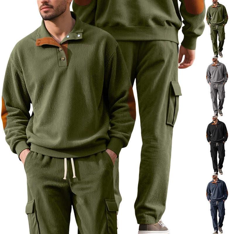 Corduroy Sweatshirt And Sweatpants Stand Collar Access Front View
