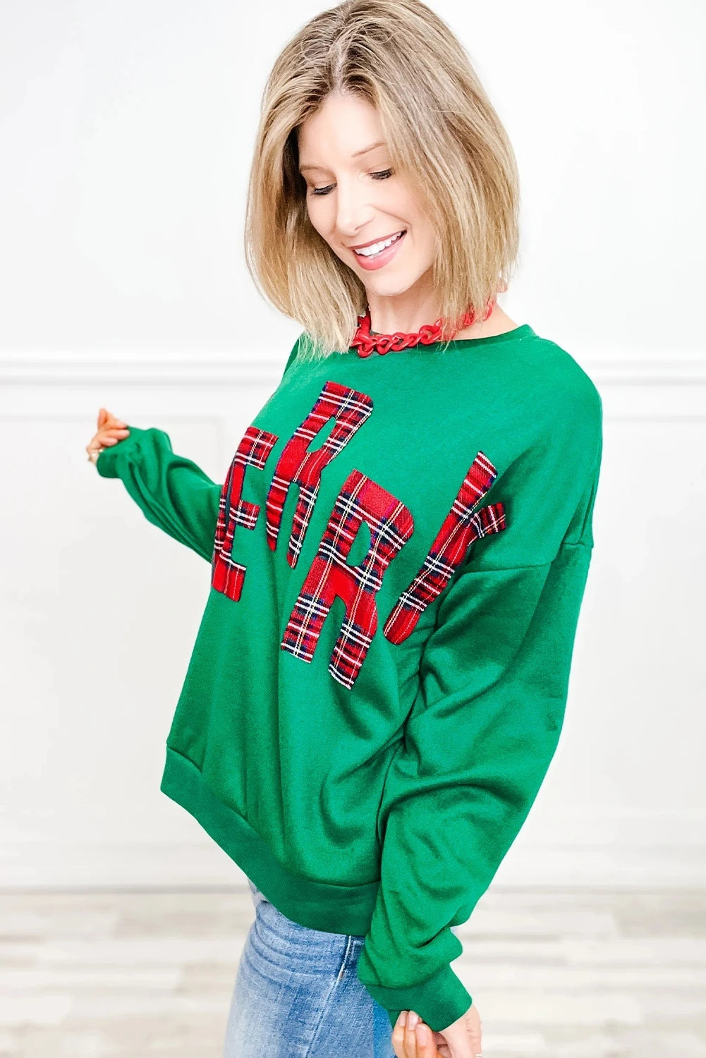 Fashionable Embroidered Side Plaid Pullover Sweater For Women