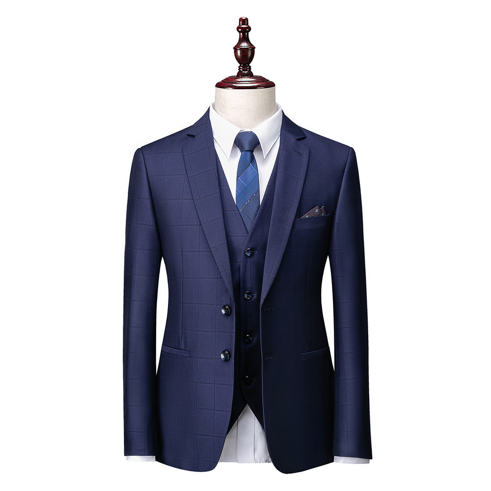 Men's Business Casual Plaid Slim Fit Suit Three-piece Suit full set