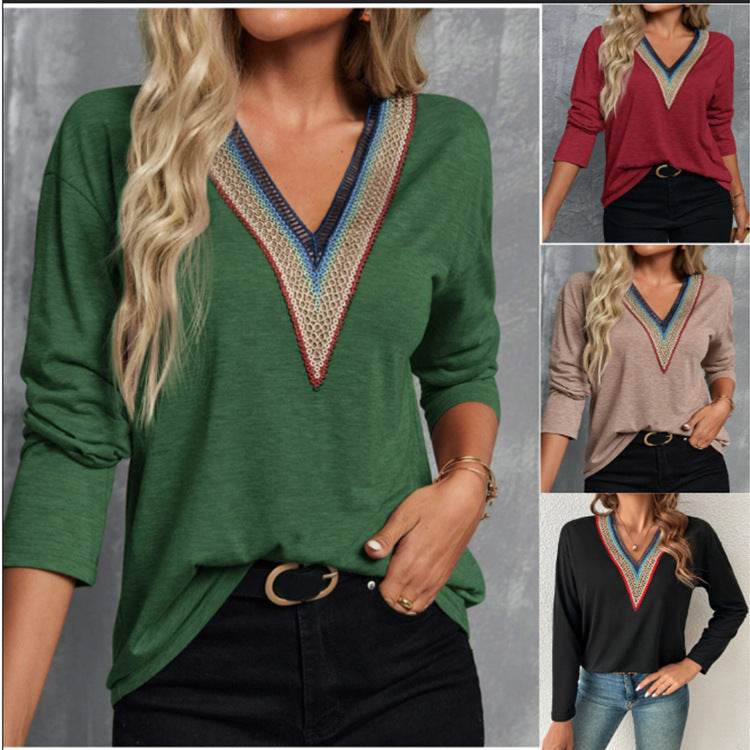 Autumn And Winter Lace Spliced V-neck Loose Long Sleeve