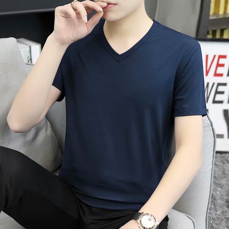 Mens Short-Sleeve V-Neck T-Shirt Summer Slim-Fit White All-Match Tee