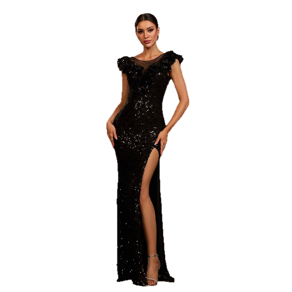 Sleeveless Round Neck Sequins Slim Fit Slit Evening Gown