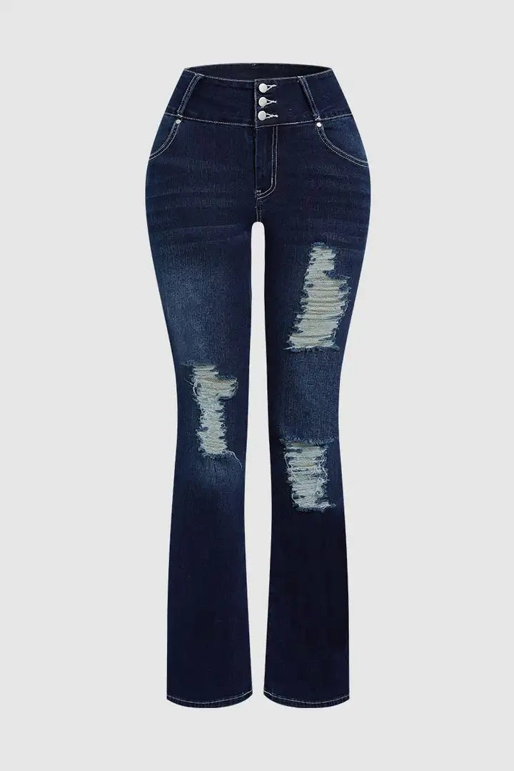 Women's Ripped Wide Leg Jeans, High Waisted Flare Fit With Distressed Details And Button Fly, Casual Stretch Denim Pants