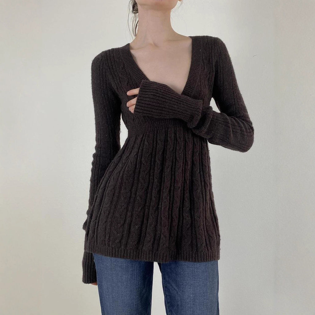 Retro Low-cut V-neck Casual Style Long Sleeve
