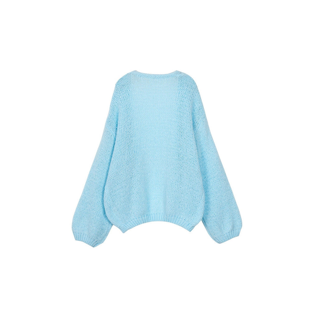 Blue Lantern Sleeve Knitted Cardigan For Women Autumn And Winter