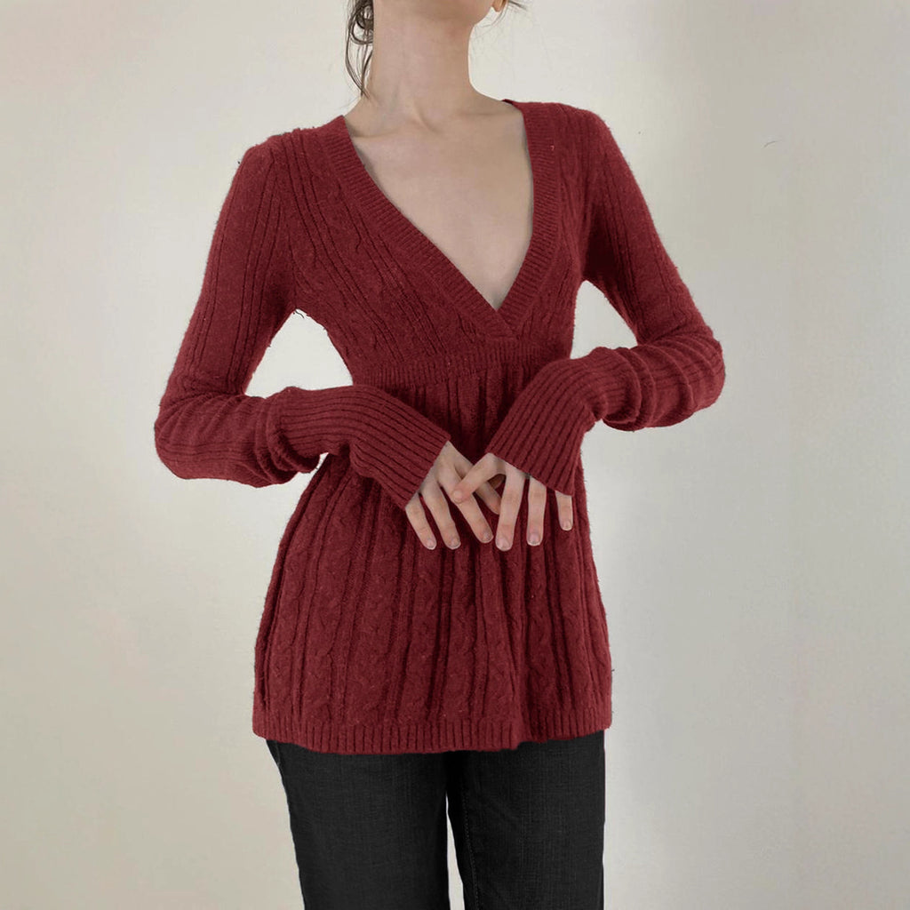 Retro Low-cut V-neck Casual Style Long Sleeve