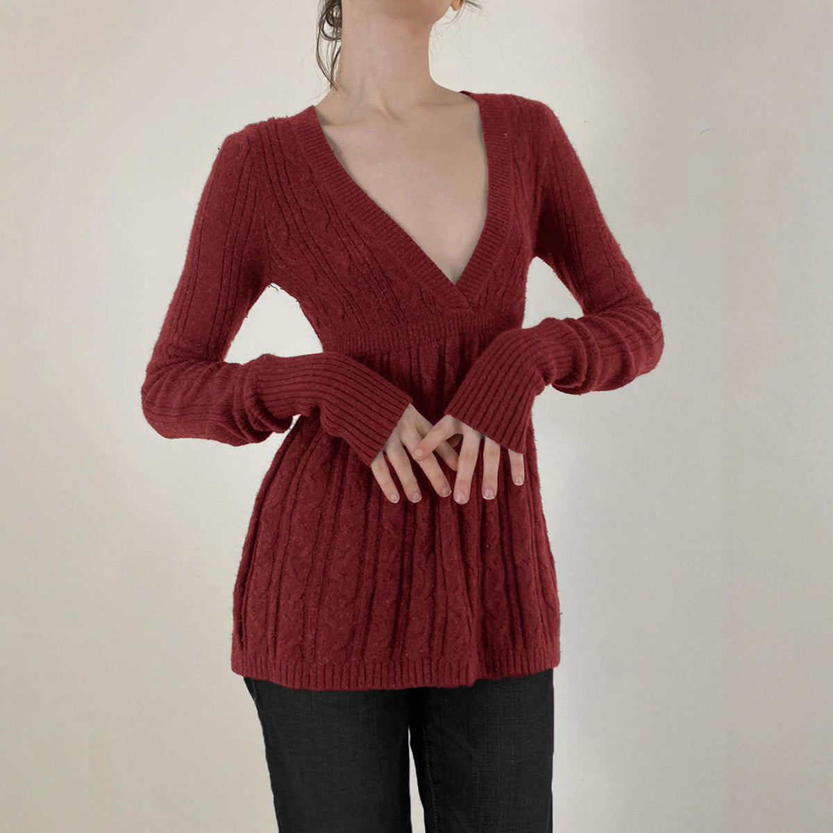 Retro Low-cut V-neck Casual Style Long Sleeve